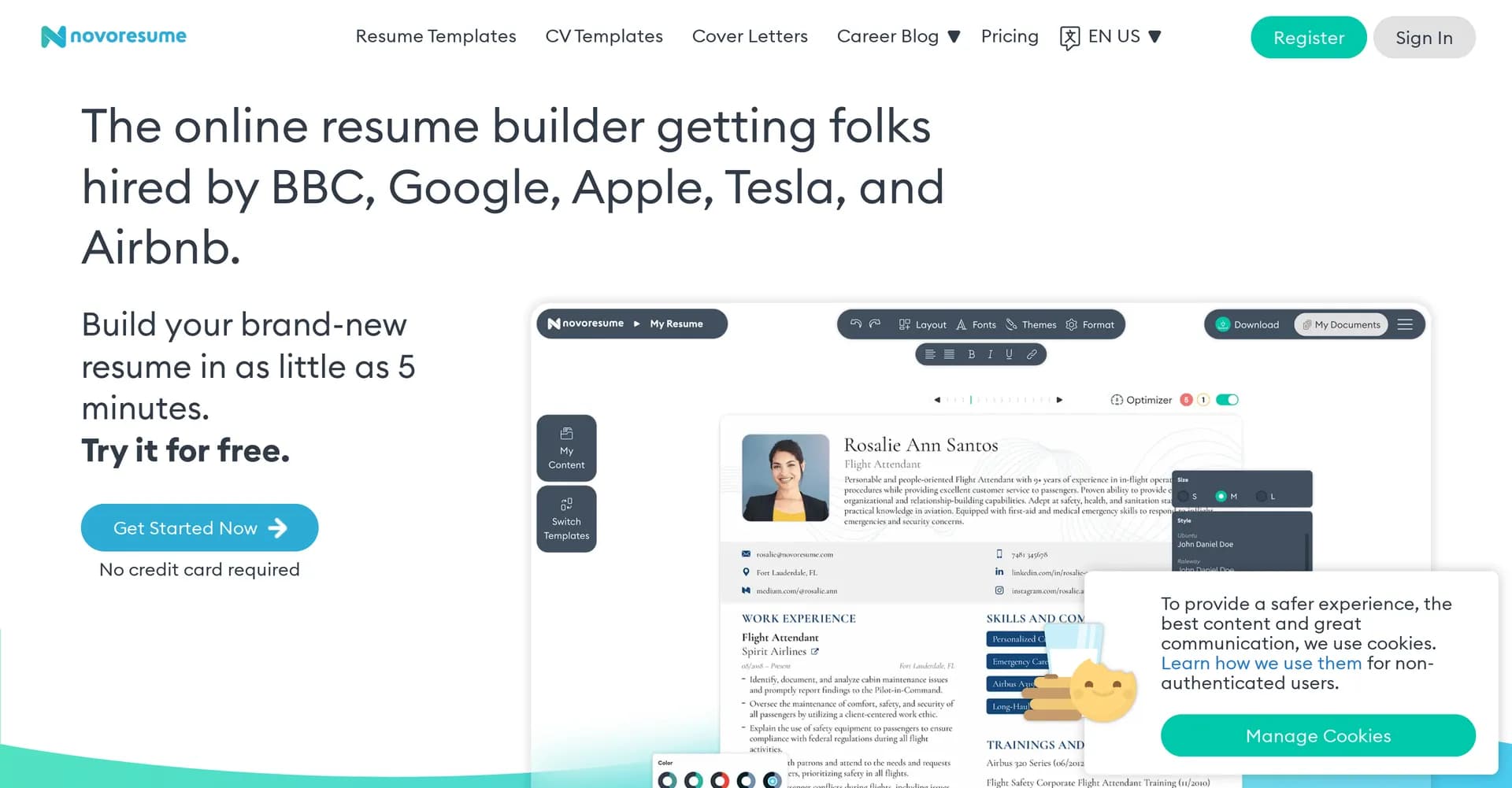 Novoresume homepage screenshot — Craft a standout resume for 2024 with ease.