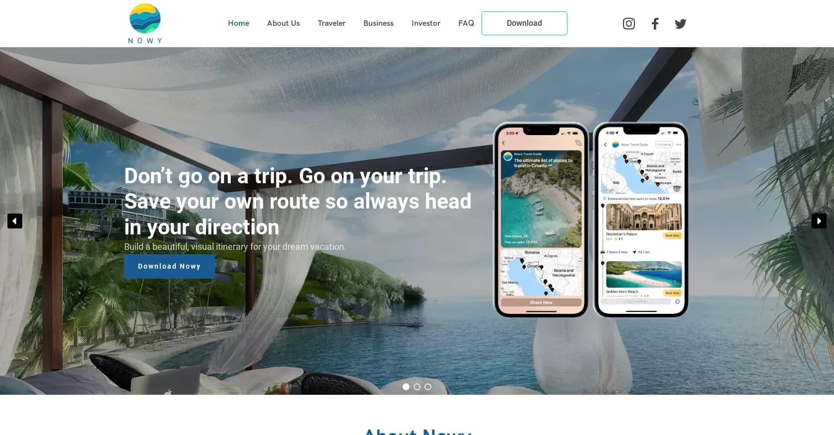 Nowy homepage screenshot — Plan dream trips from ideas to instant bookings.