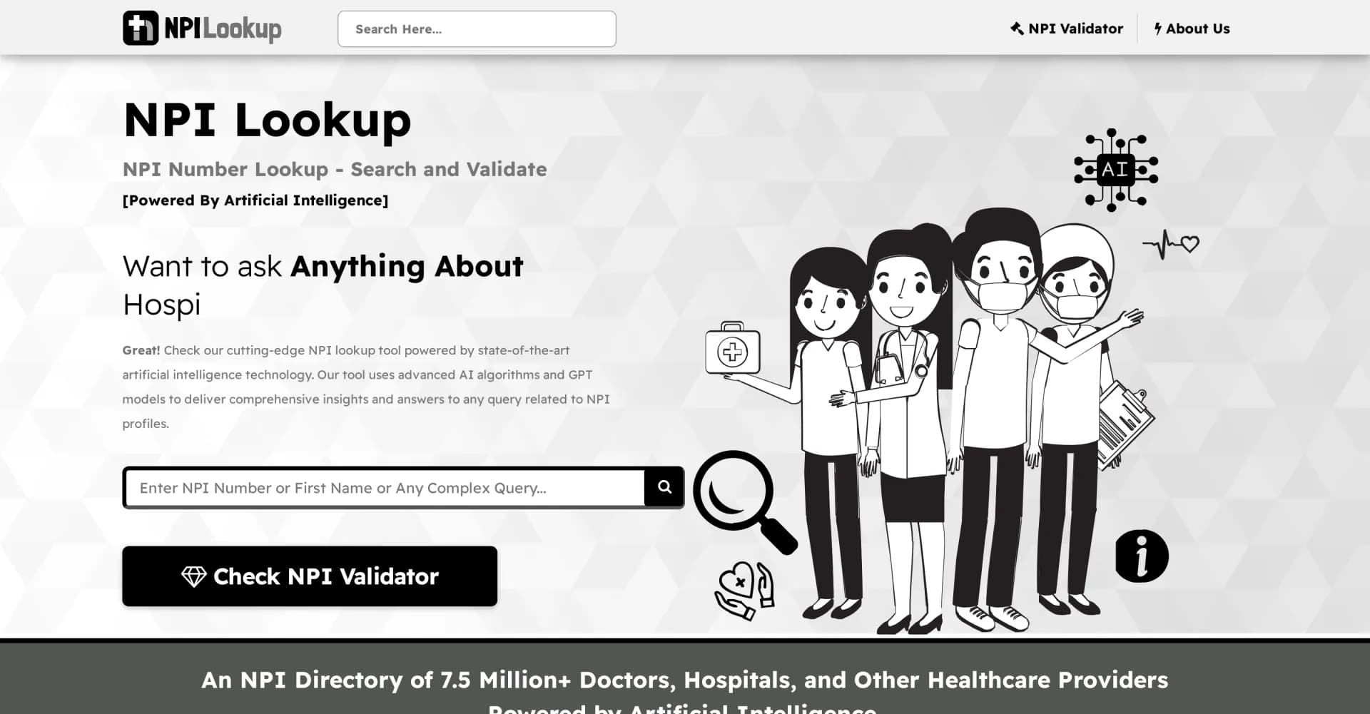 NPI Number Lookup homepage screenshot — AI-powered NPI lookup: Find and validate healthcare provider