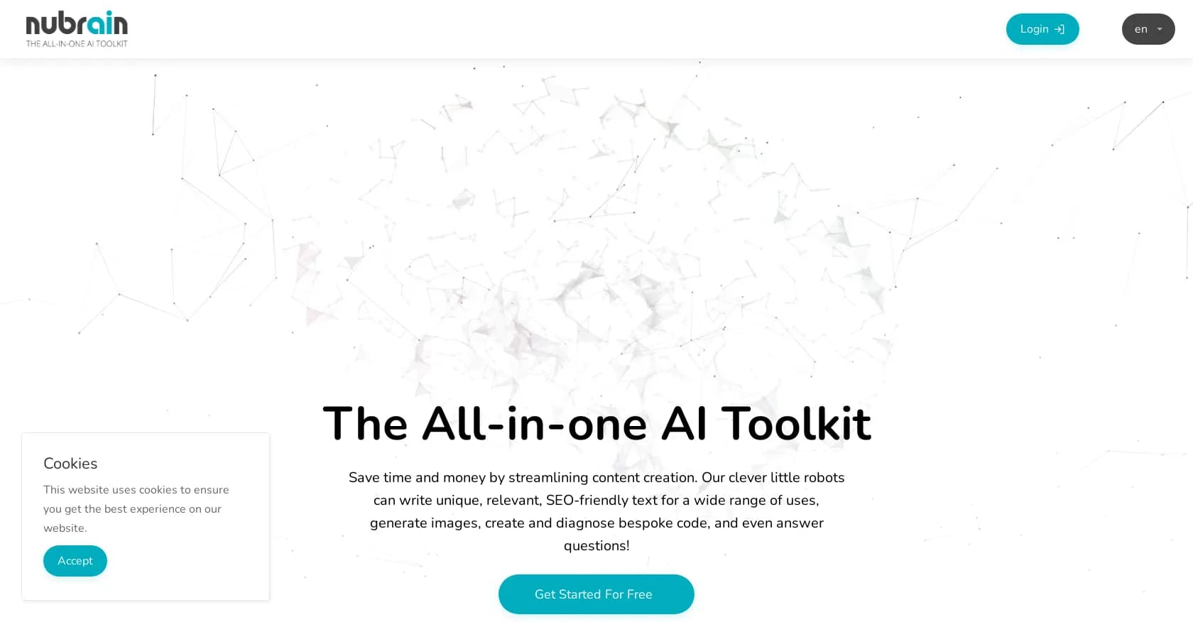 Nubrain homepage screenshot — Unleash creativity with the all-in-one AI toolkit.