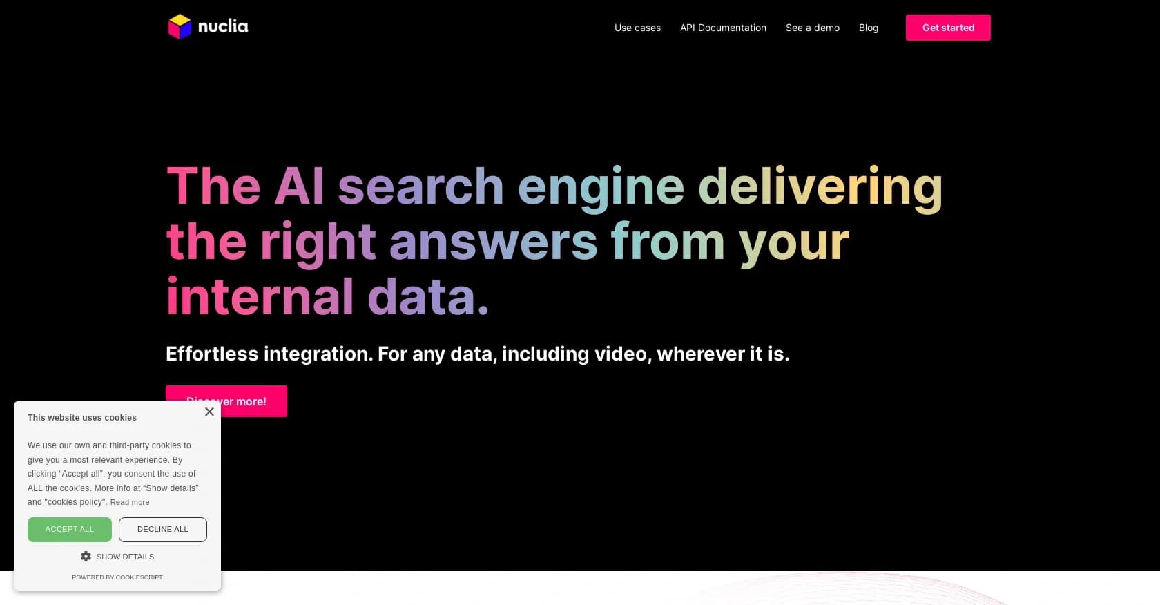 Nucila homepage screenshot — AI search engine delivering right answers from internal data