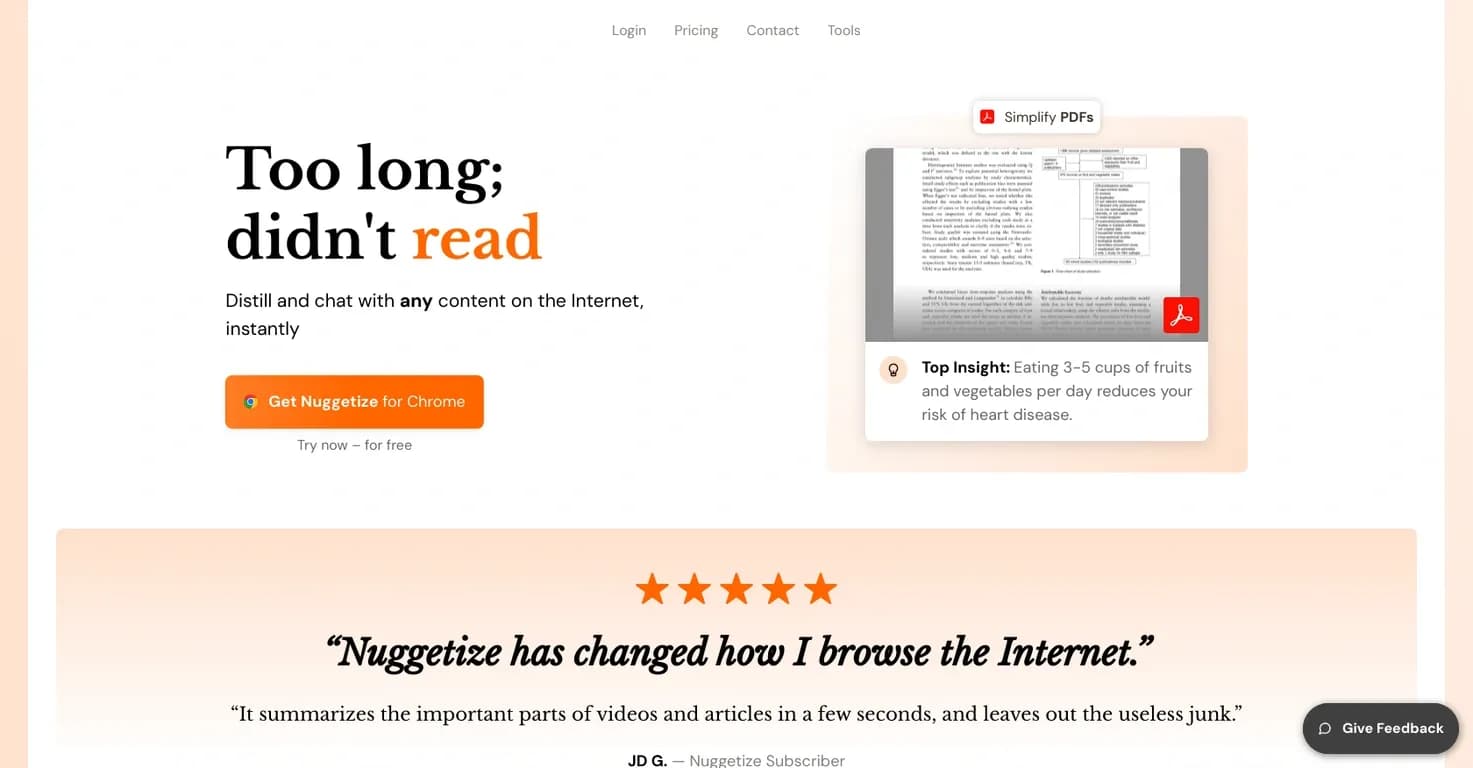 Nuggetize homepage screenshot — Instantly distill and chat with any online content
