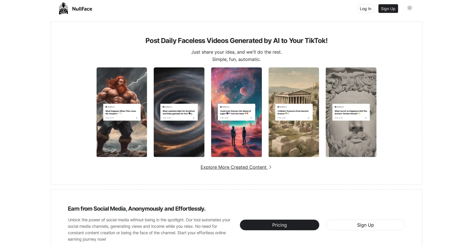 Nullface homepage screenshot — AI-generated faceless videos for effortless TikTok success