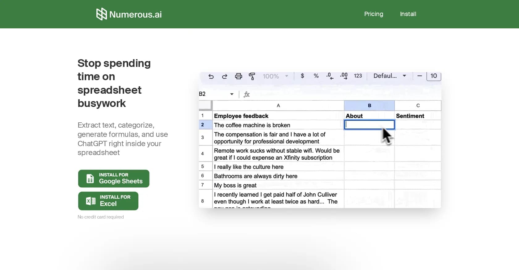 Numerous homepage screenshot — AI-powered plugin to automate spreadsheet tasks