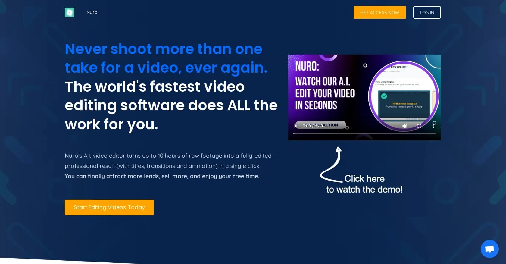 Nuro.video homepage screenshot — AI video editing in one click