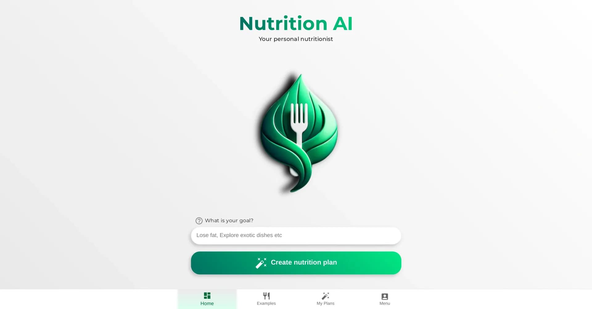 NutritionAI homepage screenshot — Your personal AI nutritionist