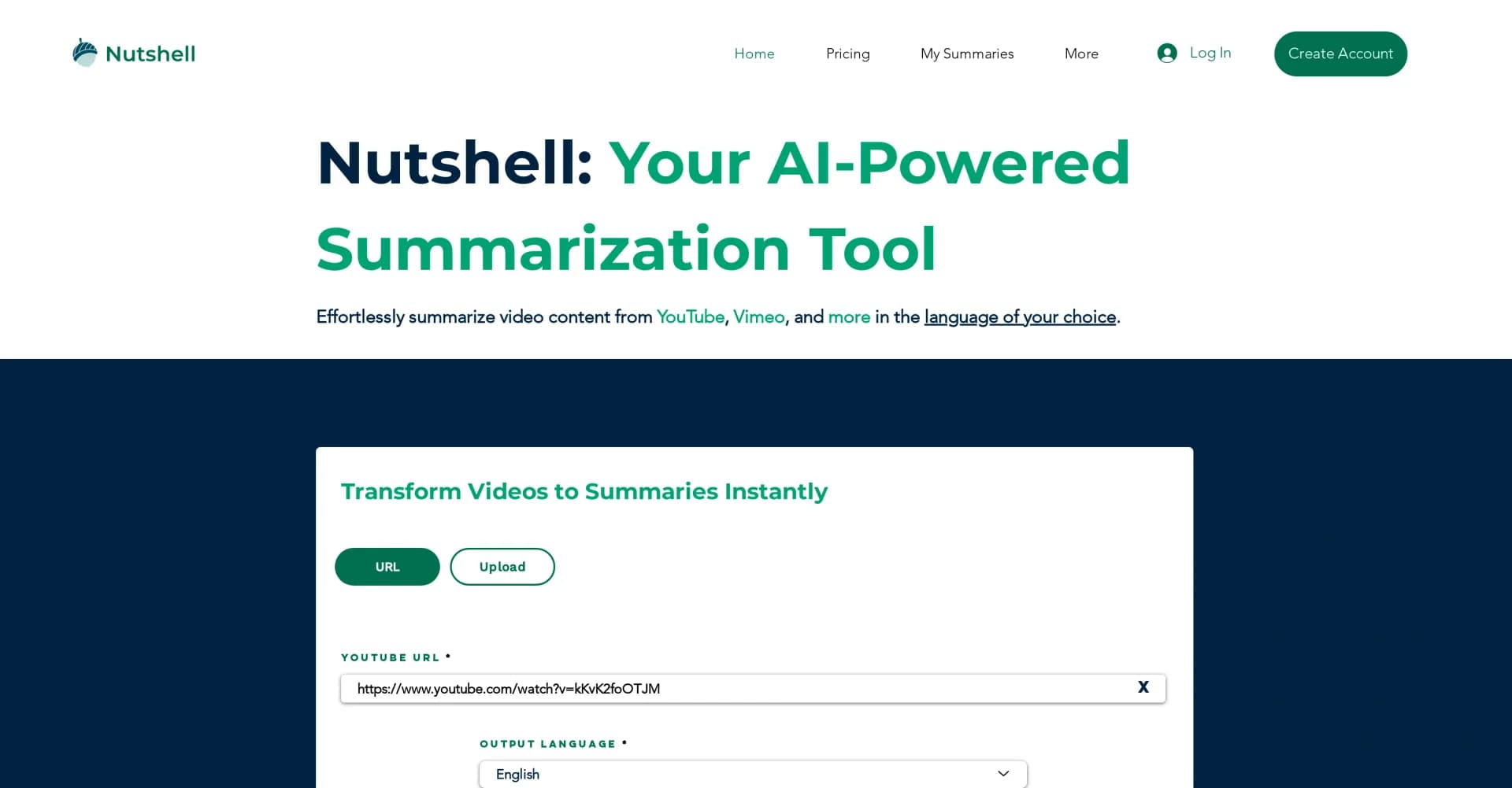 Nutshell Summaries homepage screenshot — AI-powered video summaries in any language