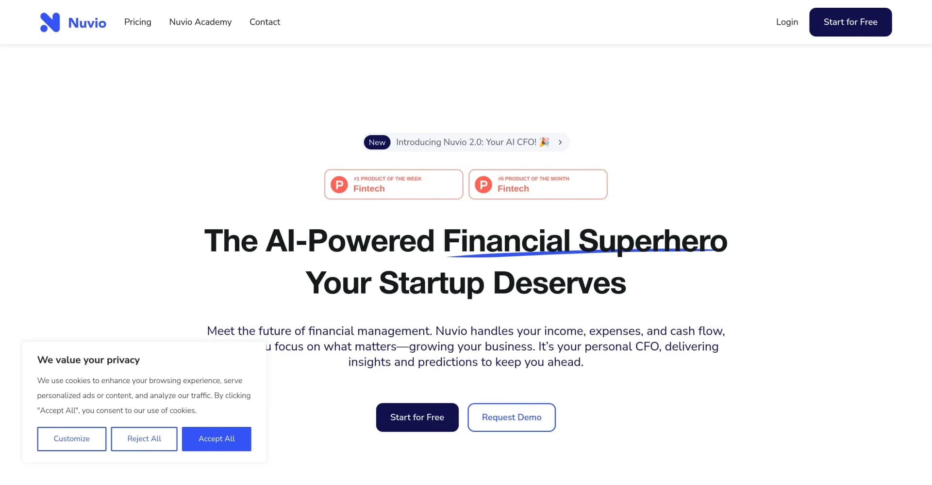 Nuvio homepage screenshot — AI-powered financial tracking for startups and small busines
