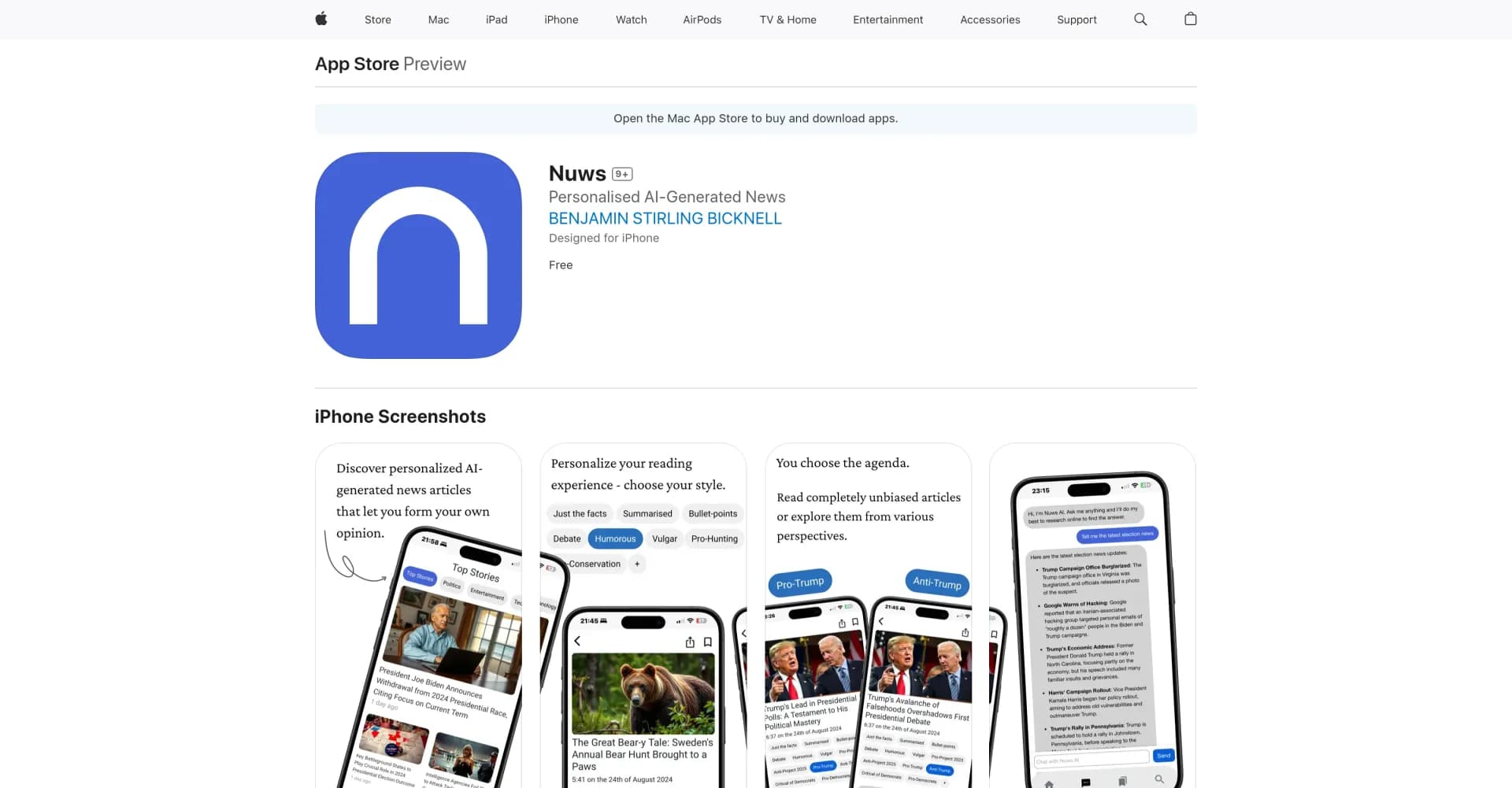 Nuws homepage screenshot — AI-generated news tailored to your preferences