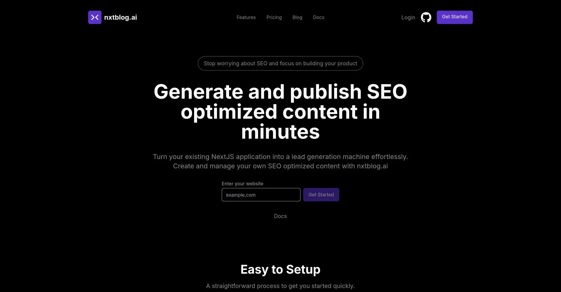 nxtblog.ai homepage screenshot — Turn your NextJS app into a lead generation machine.