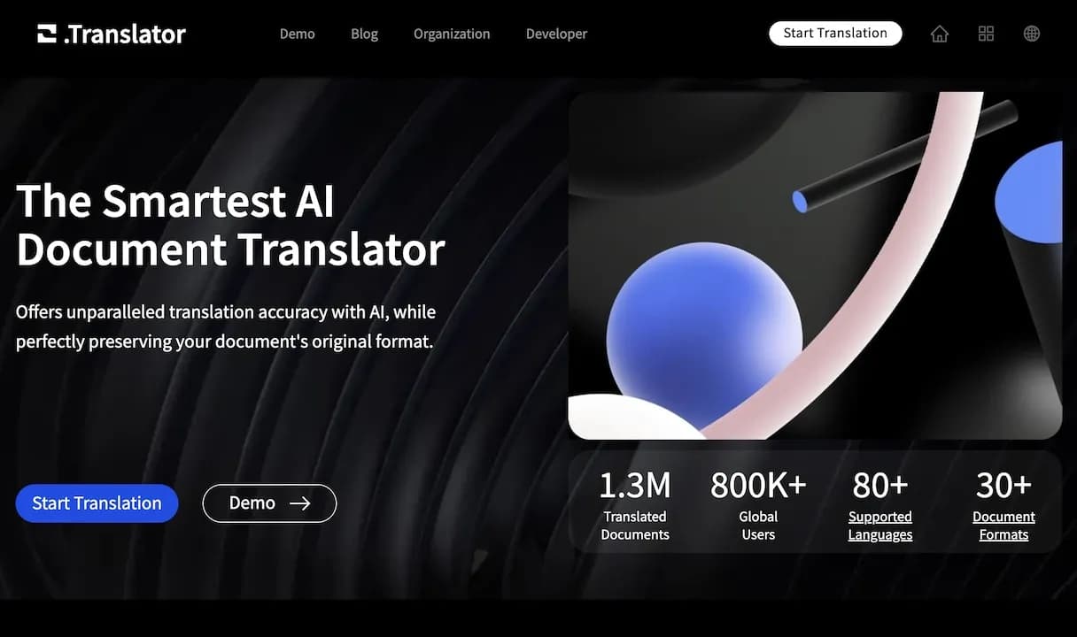 O.Translator homepage screenshot — AI-powered document translation with perfect formatting