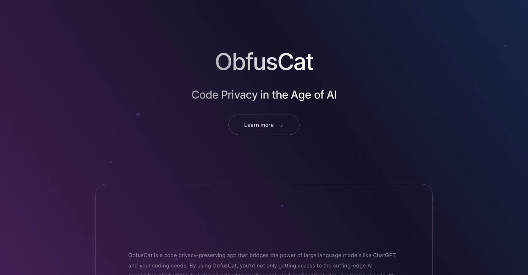 ObfusCat homepage screenshot — Protect code privacy while leveraging AI-powered development
