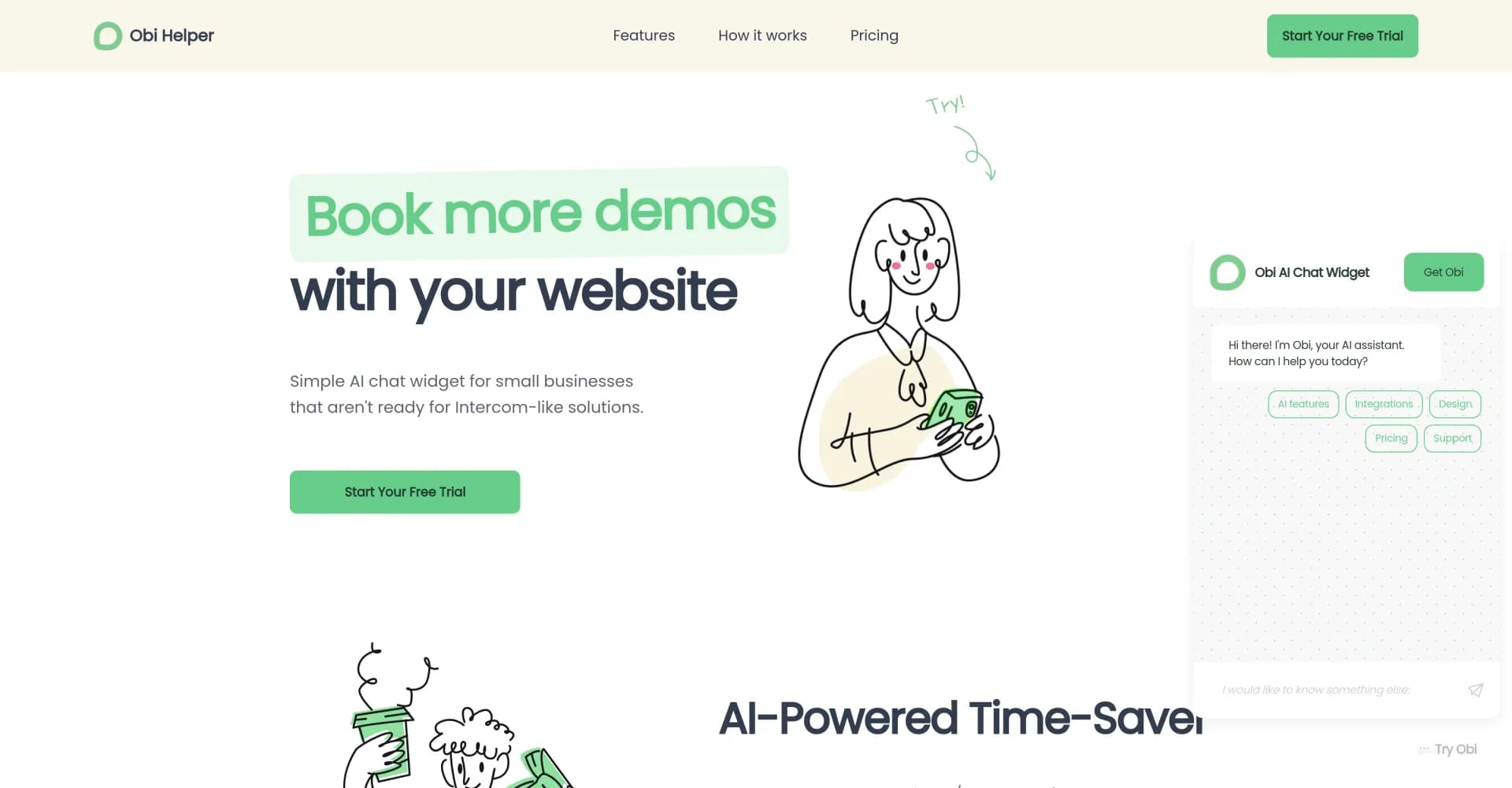 Obi Helper homepage screenshot — AI chat support that grows your small business
