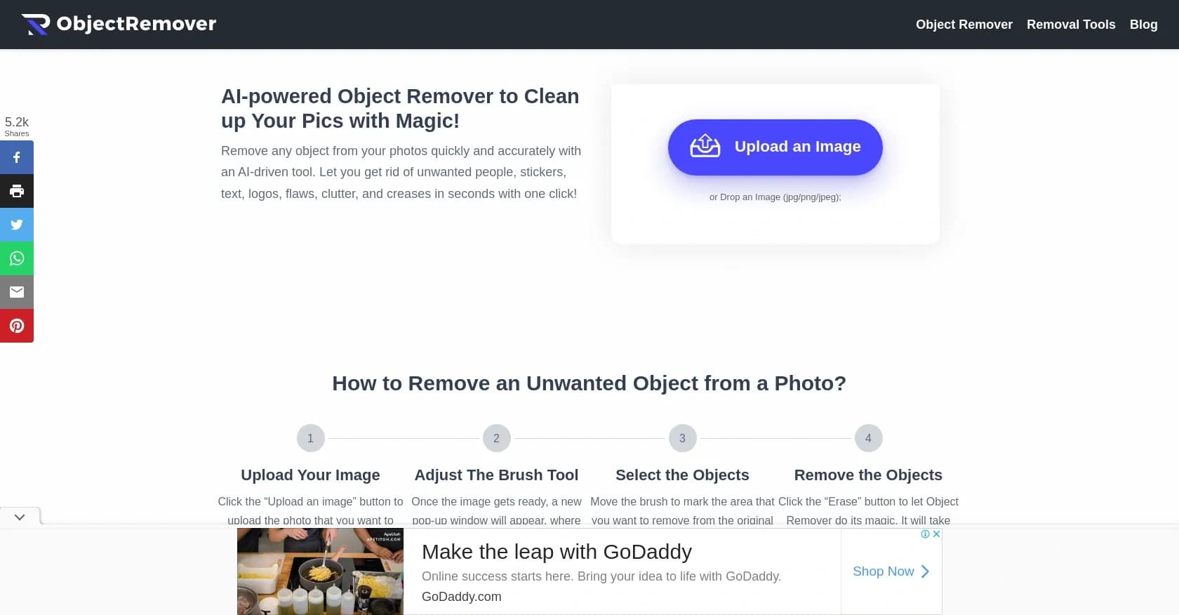 ObjectRemover homepage screenshot — AI-powered magic to remove unwanted objects from photos.