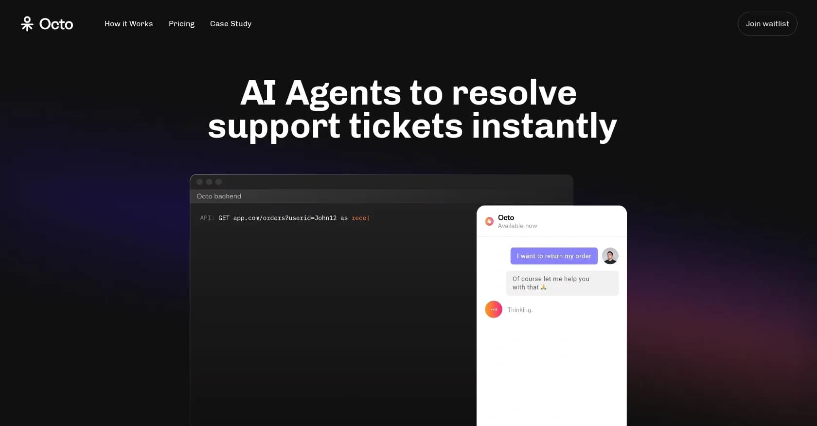 Octo homepage screenshot — Resolve 70% of support tickets instantly with AI agents.