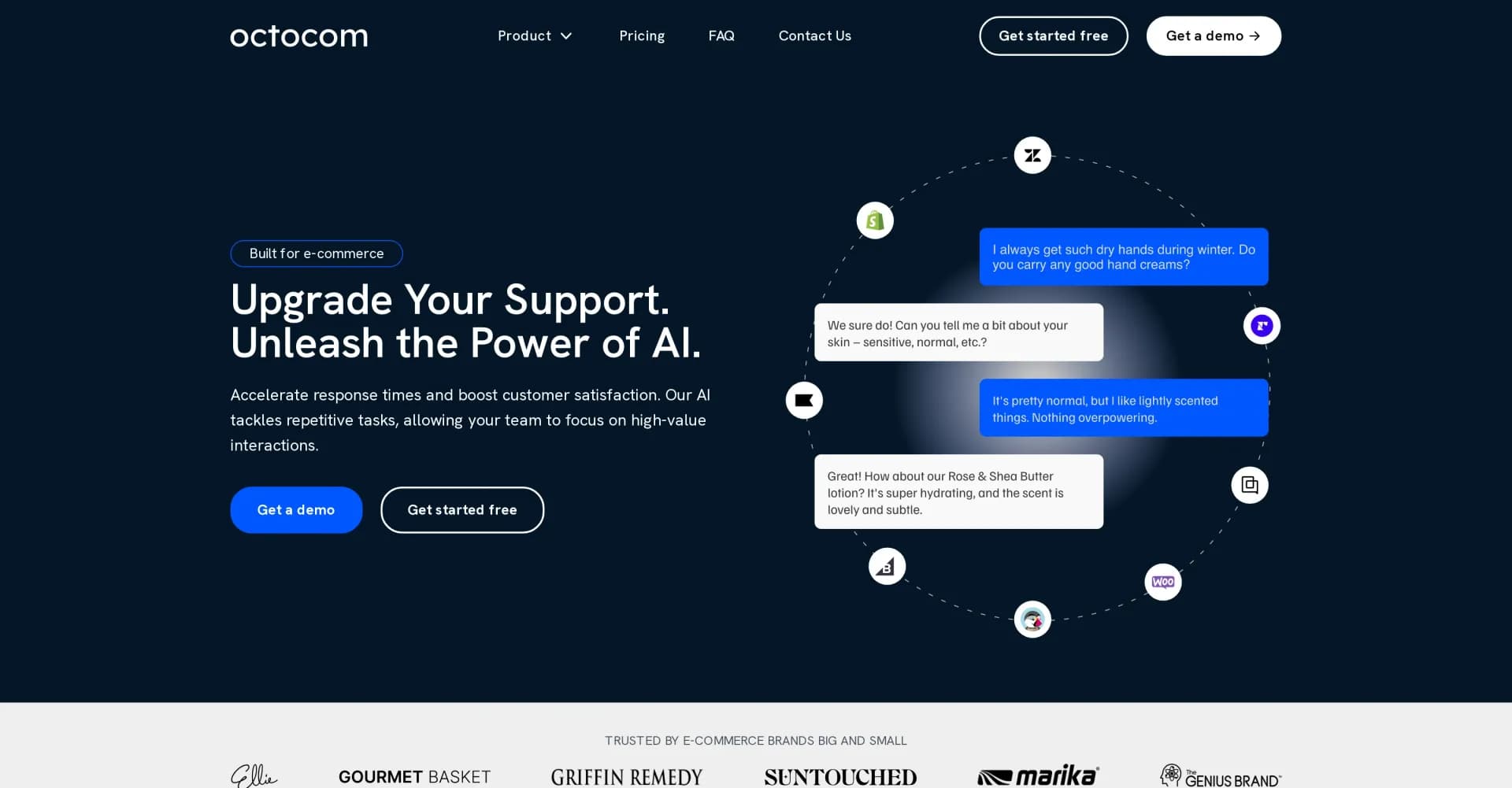 Octocom homepage screenshot — Boost conversion rates with GPT-powered chatbots optimized f