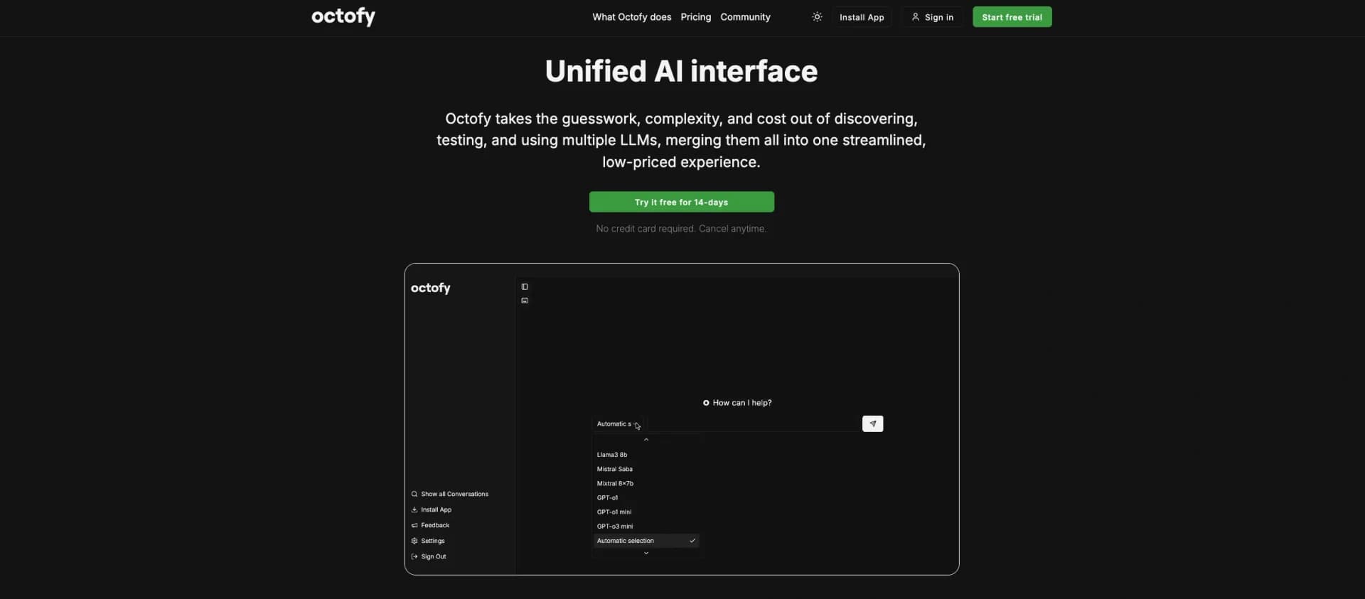 Octofy homepage screenshot — Automatic AI selection for your task