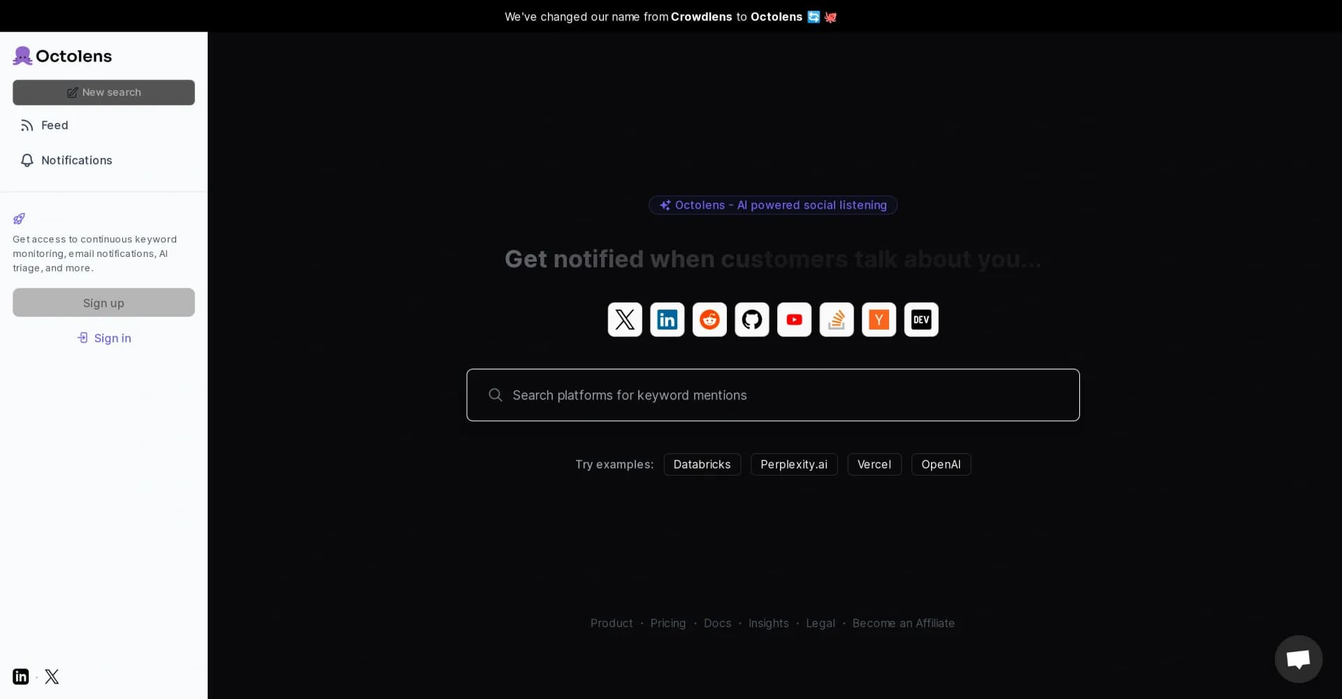 Octolens homepage screenshot — Real-time brand monitoring across the web and social media