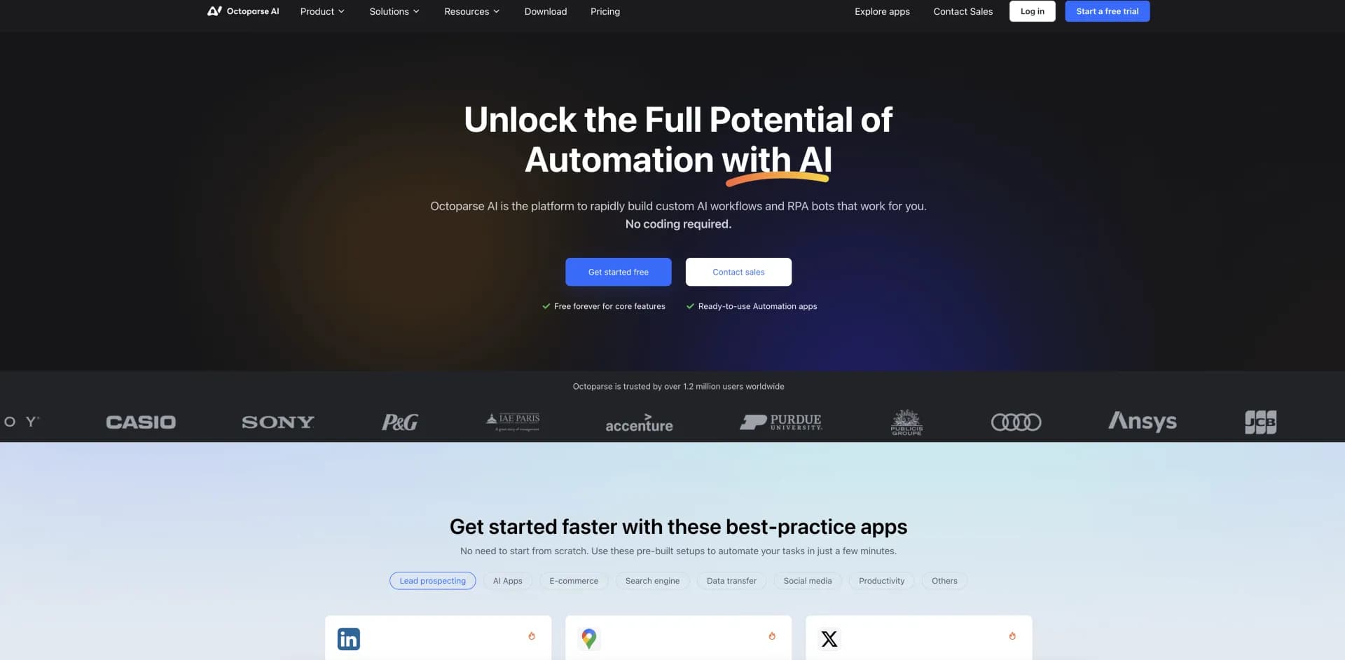 Octoparse AI homepage screenshot — Build custom AI workflows and RPA bots effortlessly