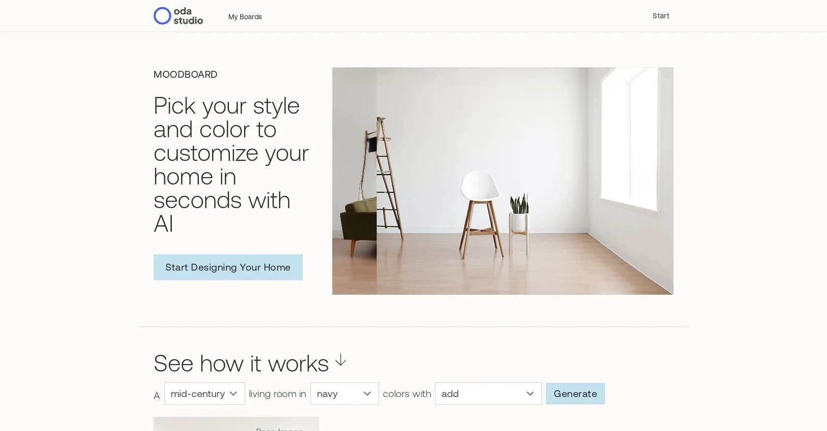 Oda Studio homepage screenshot — Customize your home with AI in seconds.