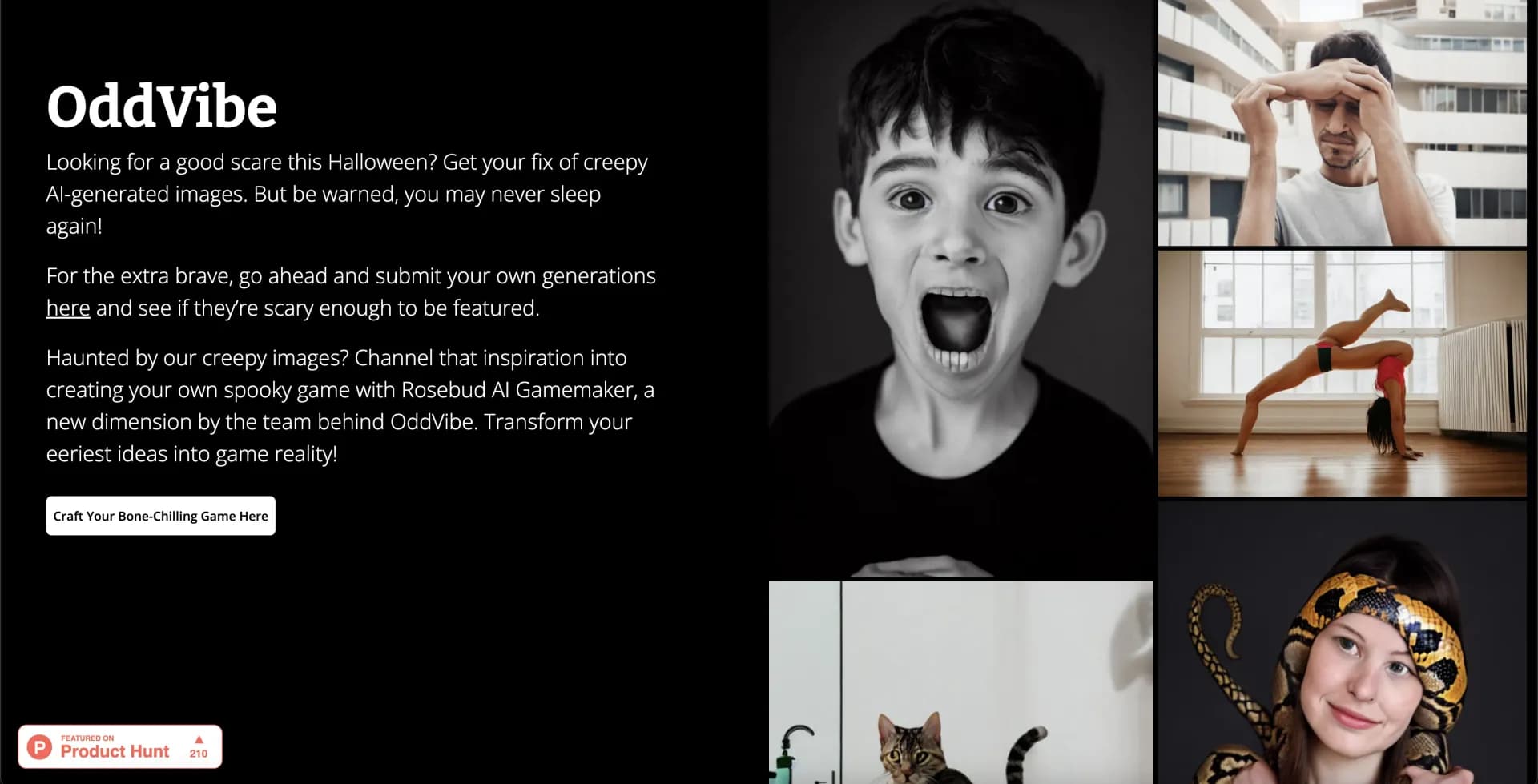 OddVibe homepage screenshot — Unleash AI-generated nightmares for Halloween thrills.