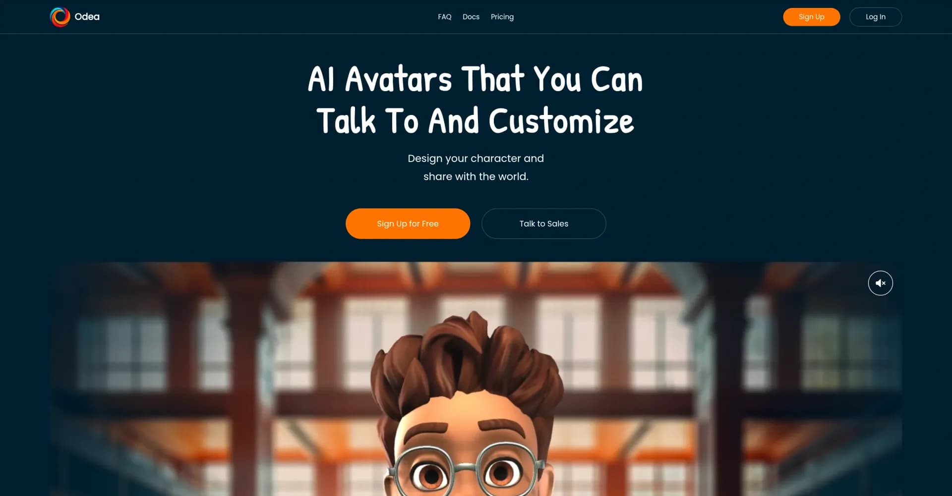 Odea.io homepage screenshot — Embeddable AI avatars for interactive web experiences.