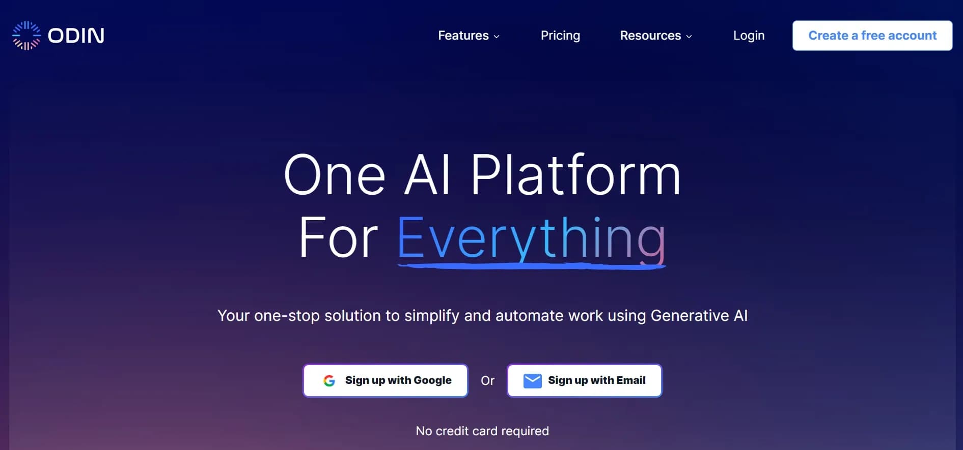 Odin homepage screenshot — Real-time info & personalized doc creation assistant.