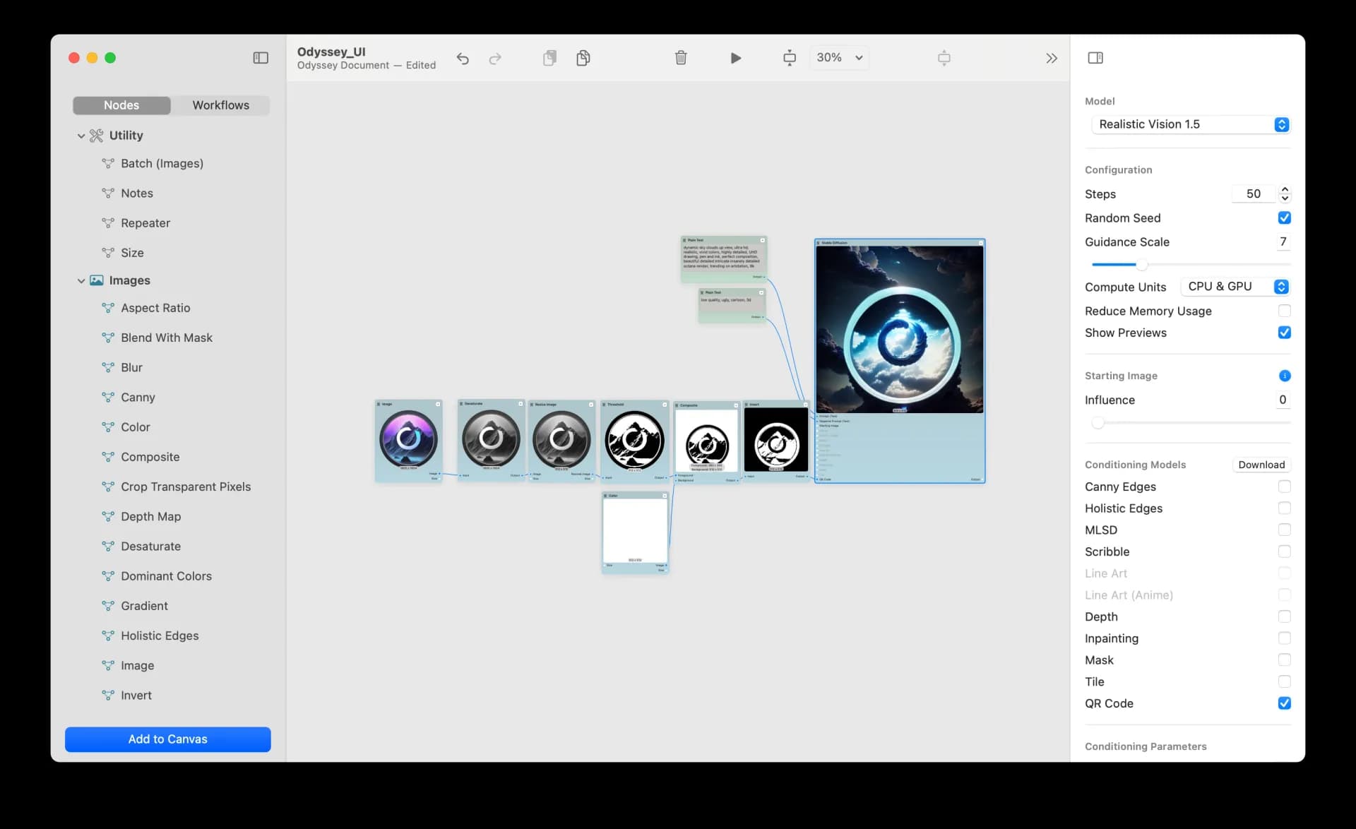 Odyssey homepage screenshot — Run, build, and share AI-powered workflows