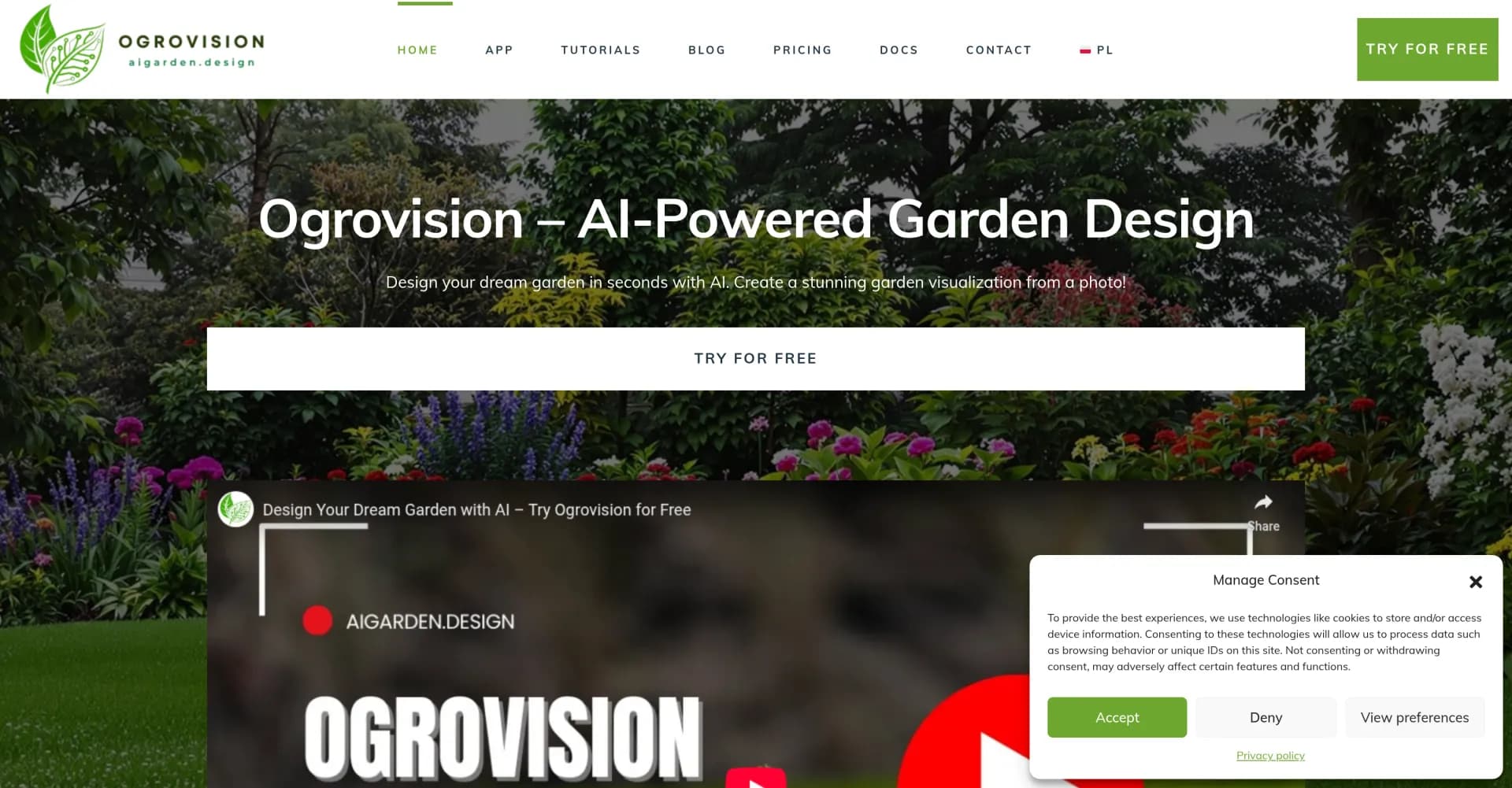 Ogrovision homepage screenshot — Design your dream garden in seconds with AI.