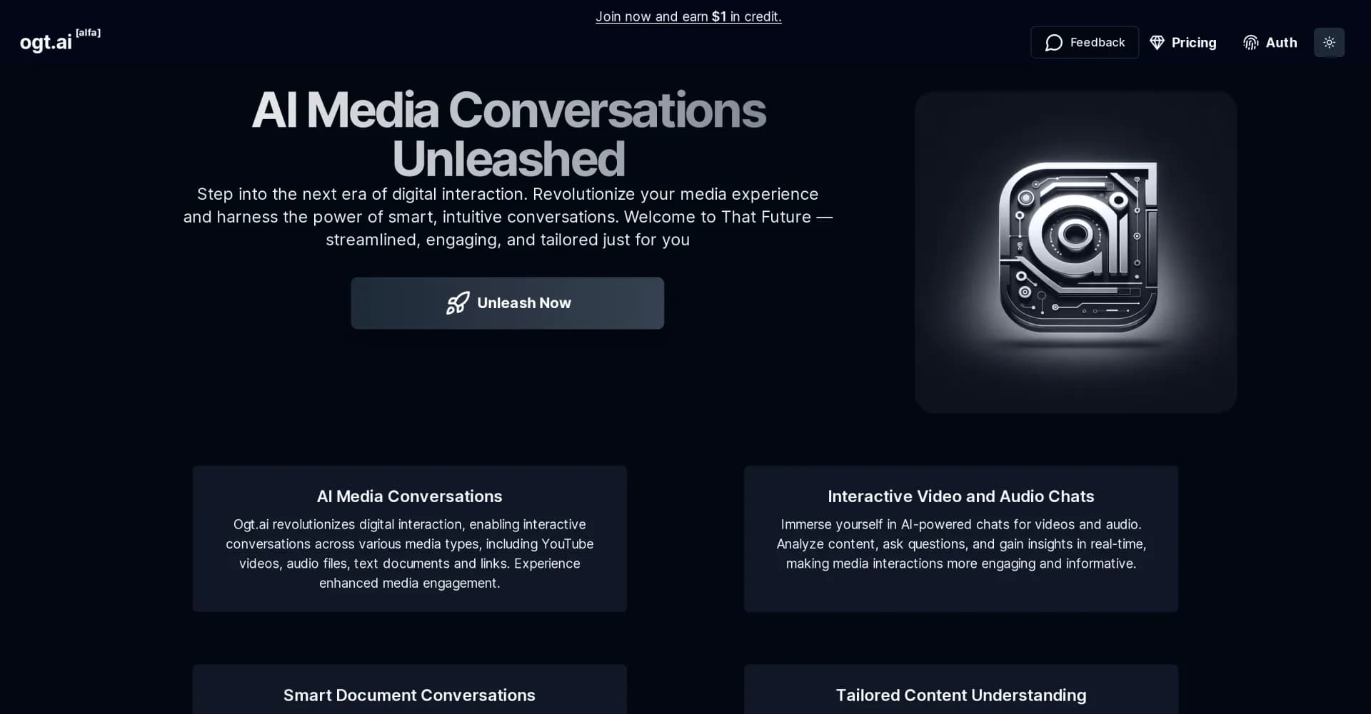 OgtAI homepage screenshot — AI-powered conversations with any media type.