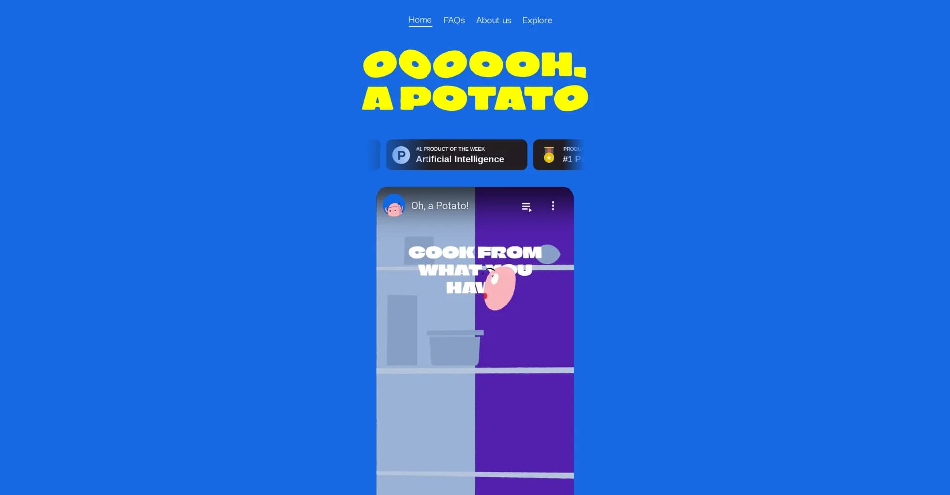 OH, a potato! homepage screenshot — AI-powered zero-waste meal planner for effortless cooking.