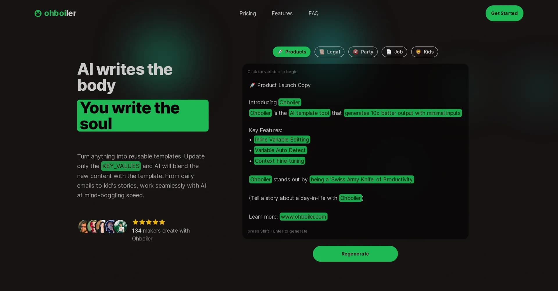 Ohboiler-Unlimited AI homepage screenshot — AI writes the body, you write the soul.