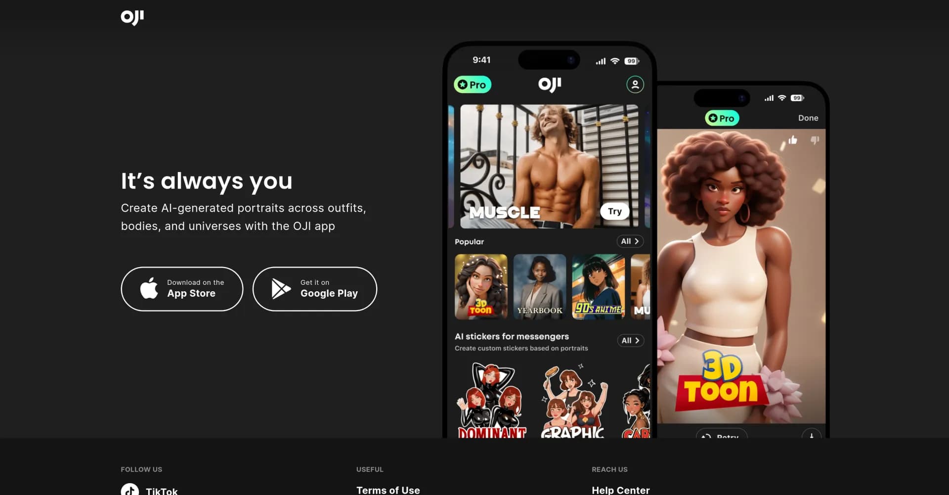 Oji homepage screenshot — Create AI portraits across infinite universes.