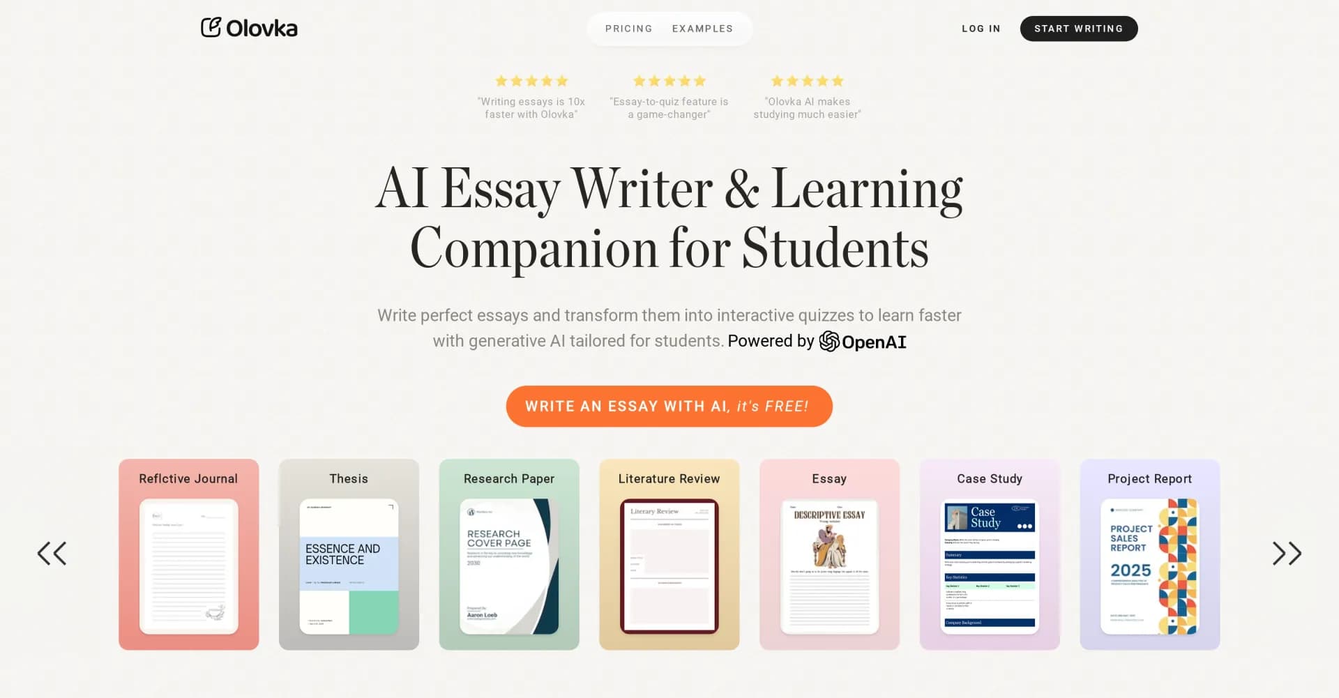 Olovka AI Essay Writer homepage screenshot — Write essays 10x faster and turn them into quizzes.