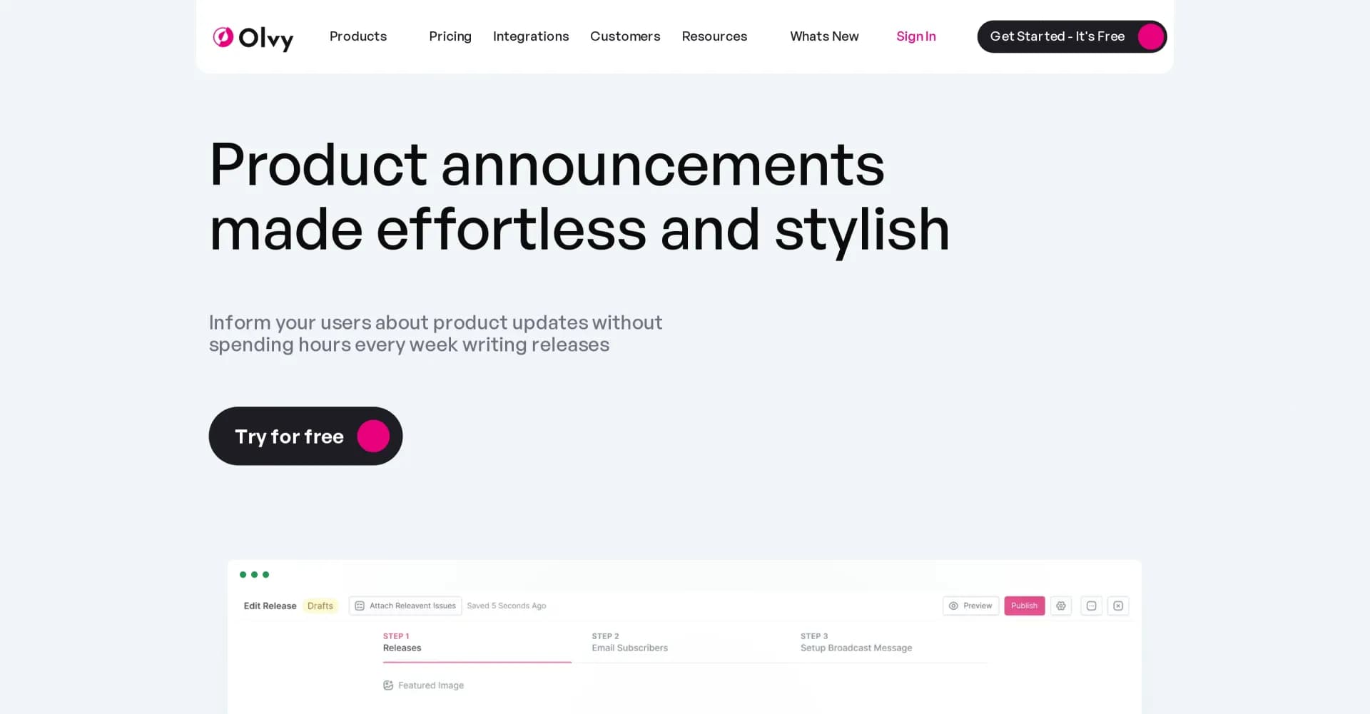 Olvy Changelogs homepage screenshot — Announce product updates effortlessly and stylishly.