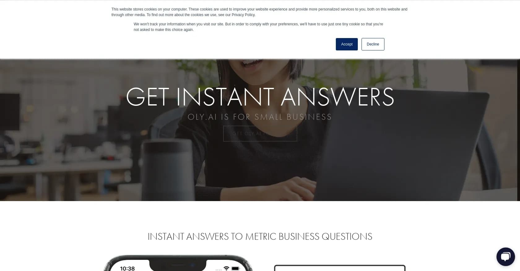 Oly AI homepage screenshot — AI bots for instant business finance answers.