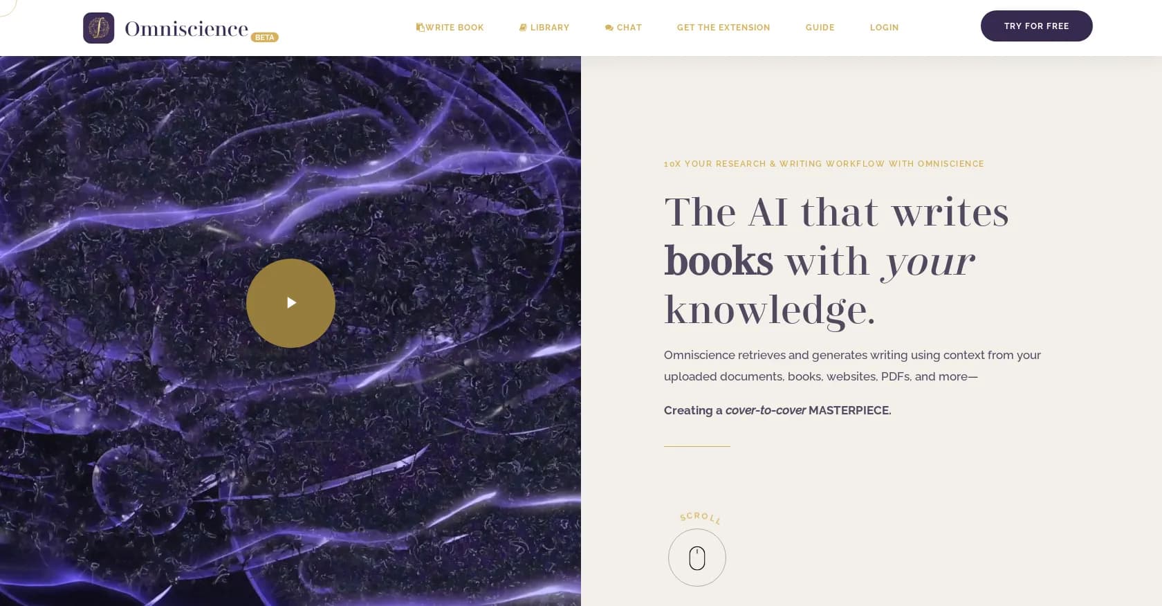 Omniscience homepage screenshot — AI-powered book writing from your knowledge sources