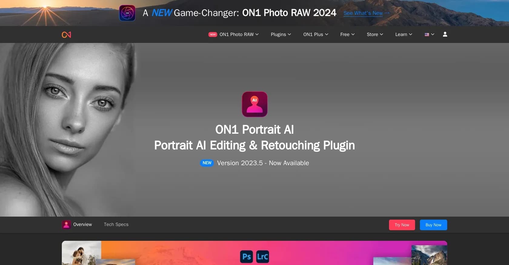 On1 homepage screenshot — AI-powered portrait retouching for professional results.