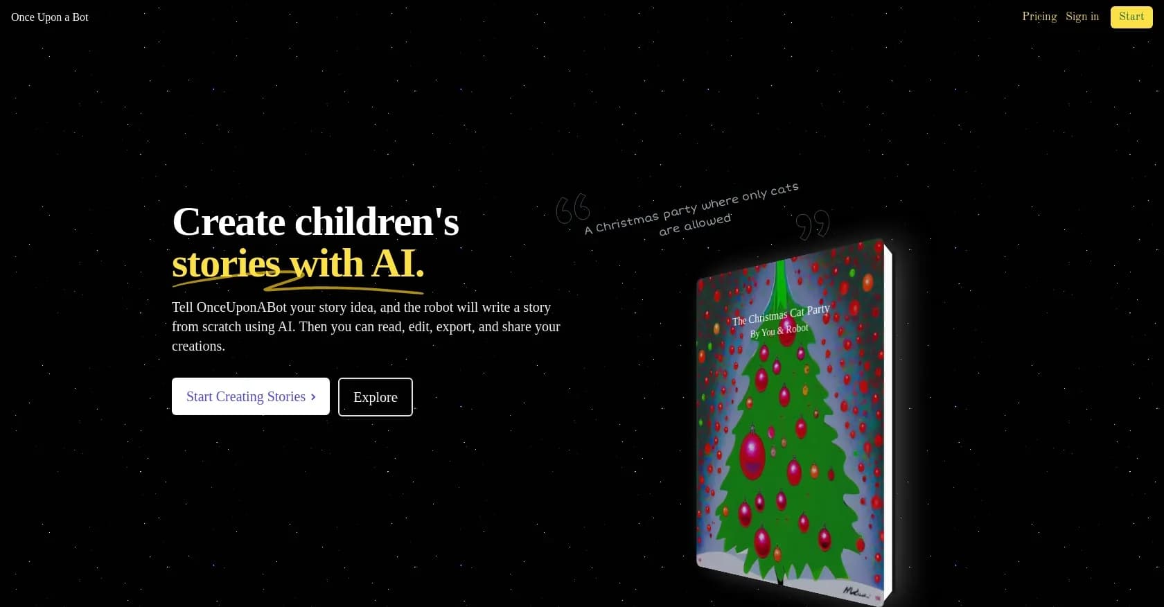 Once Upon A Bot homepage screenshot — Create unique children's stories with AI.