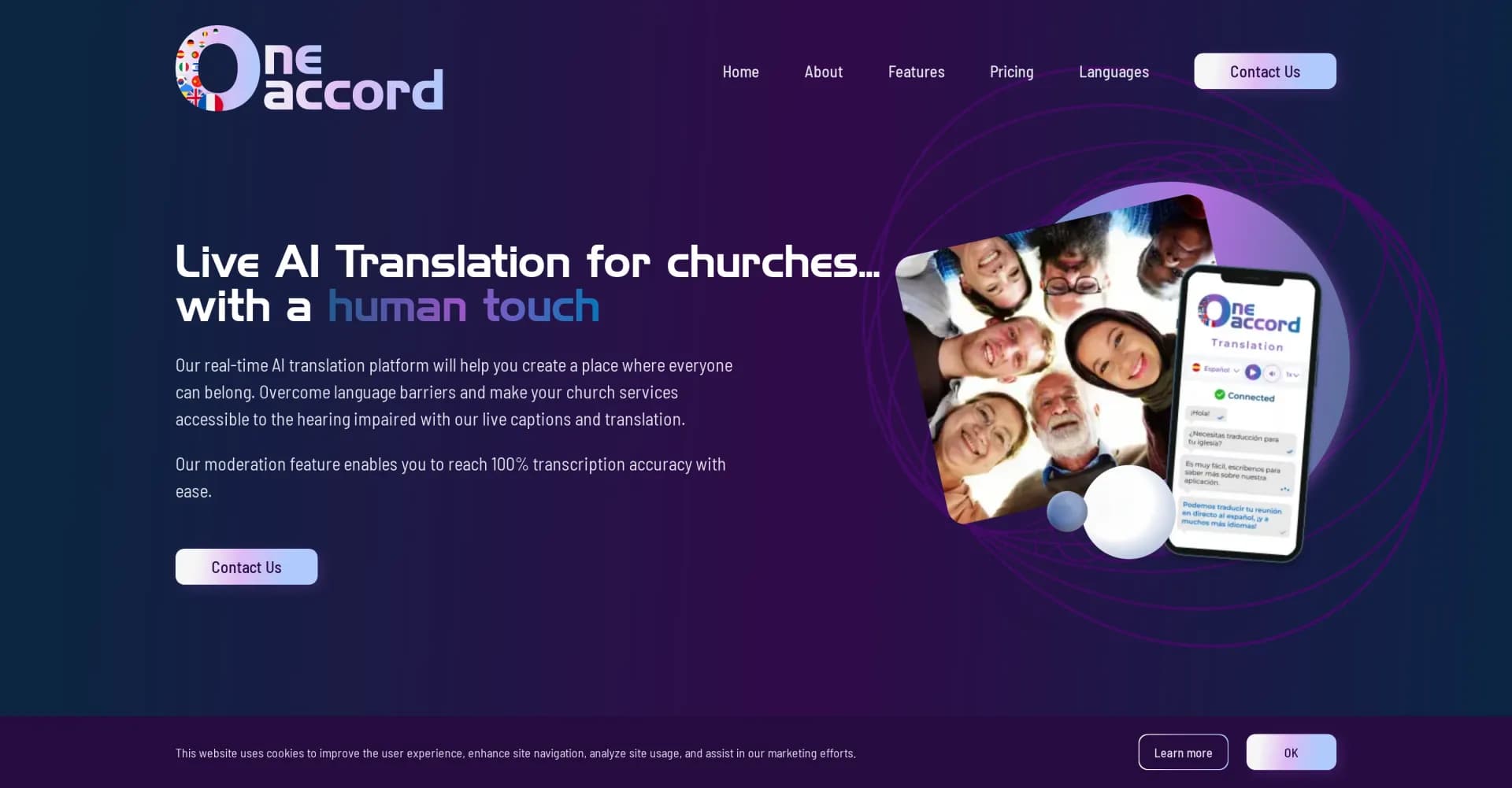 OneAccord homepage screenshot — Live AI translation for churches with a human touch
