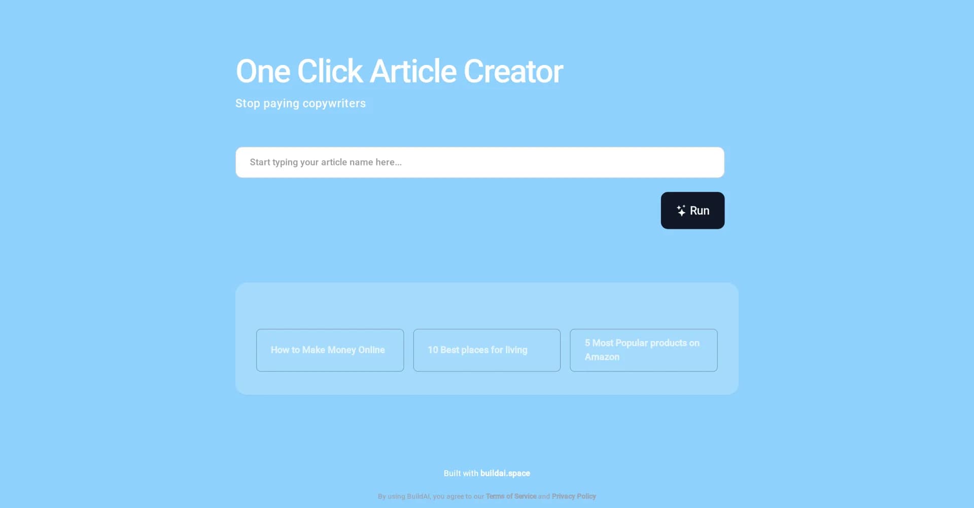 OneClickArticleCreator homepage screenshot — AI-powered article creation in one click