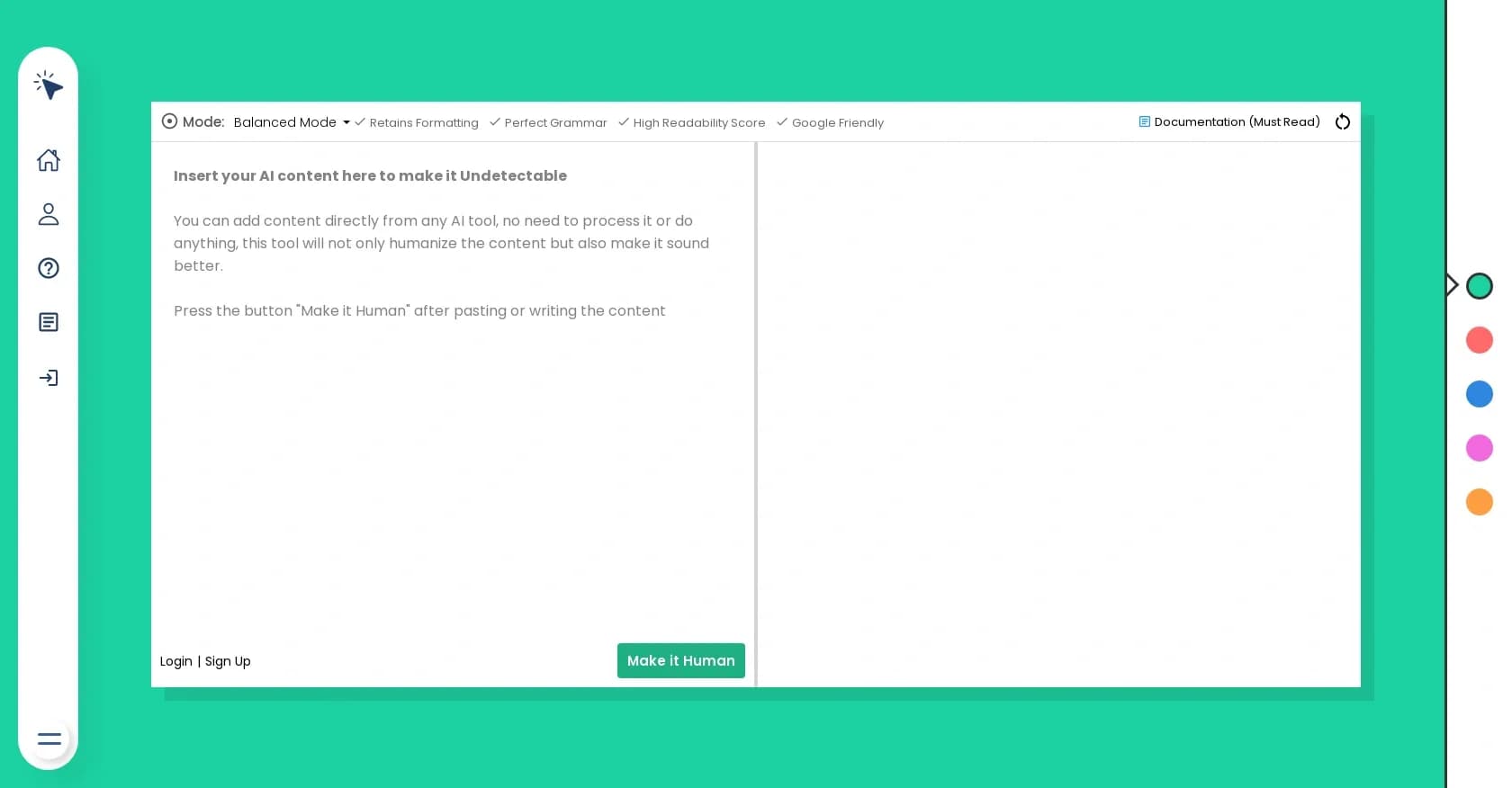 Oneclickhuman homepage screenshot — Enhanced and humanized content through technology.