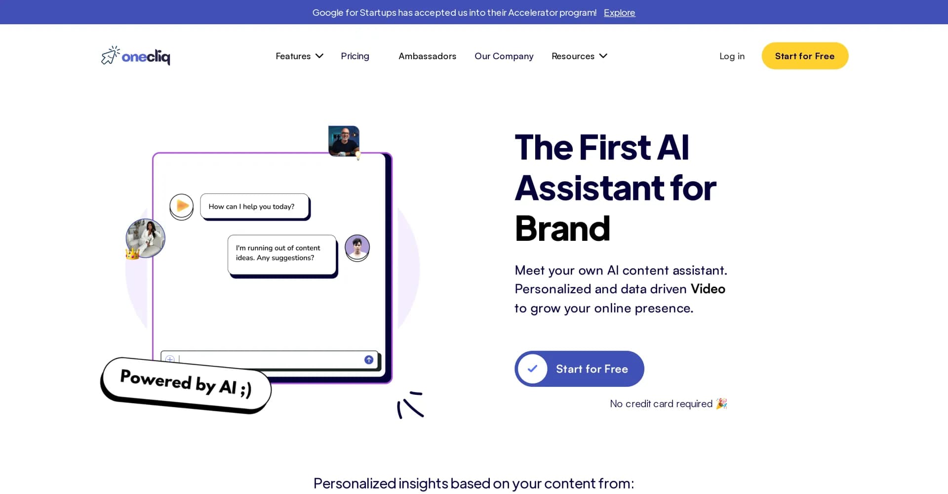 OneCliq homepage screenshot — Transform videos into multi-platform content effortlessly.
