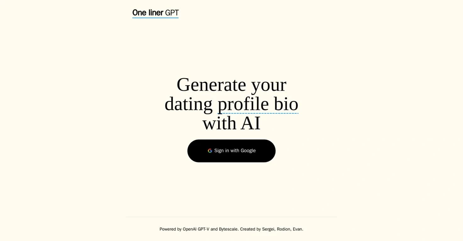 OneLiner homepage screenshot — AI-powered dating bios that spark connections.