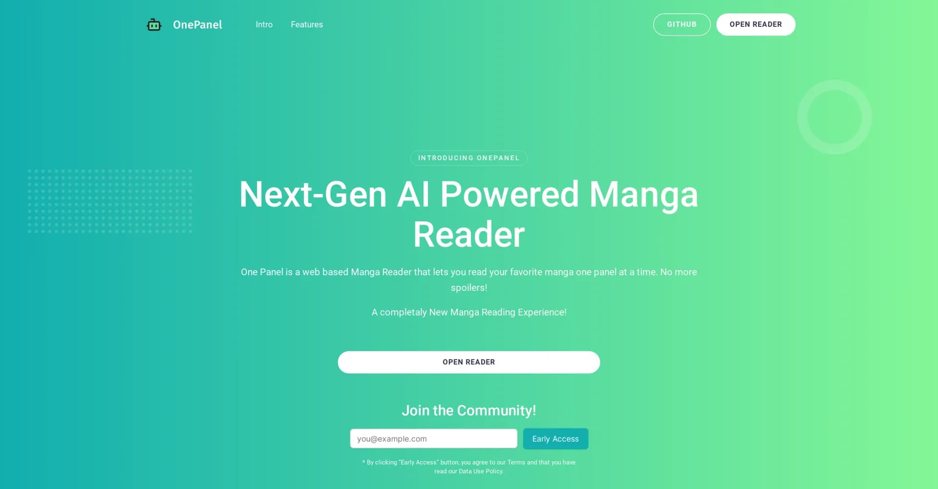 OnePanel homepage screenshot — Read manga one panel at a time, spoiler-free.