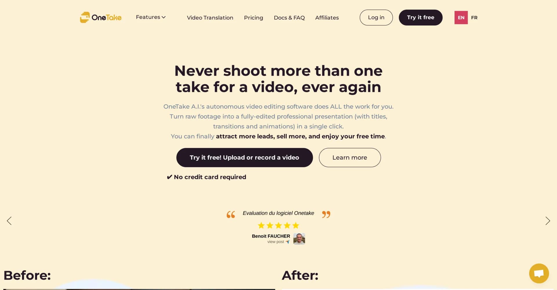 OneTake AI homepage screenshot — AI video editor that transforms raw footage into multilingua