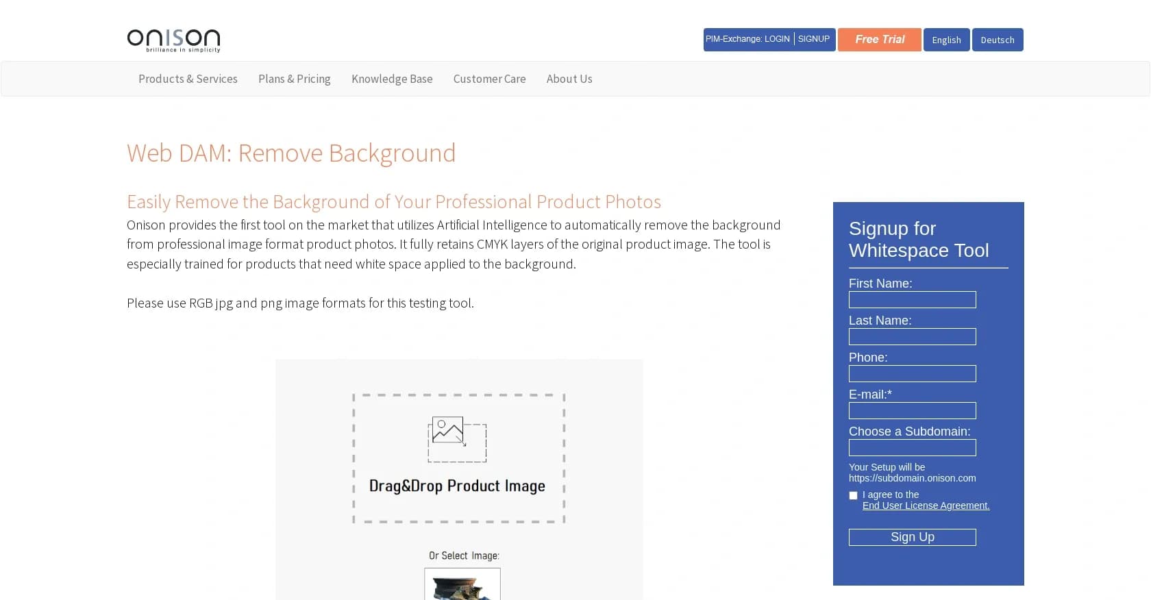 Onison homepage screenshot — Remove image backgrounds effortlessly.