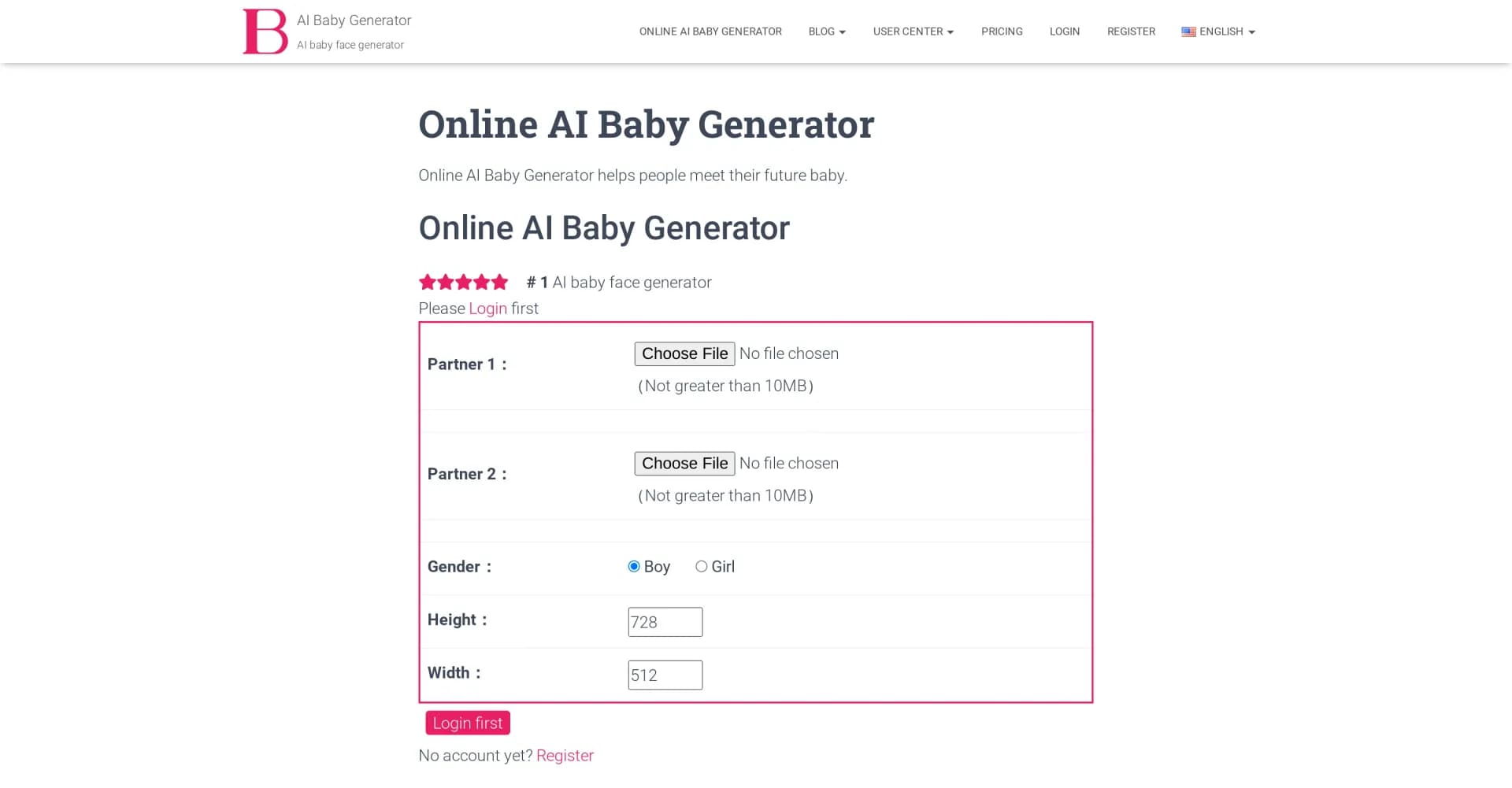 Online AI Baby Generator homepage screenshot — Visualize your future baby with AI prediction.