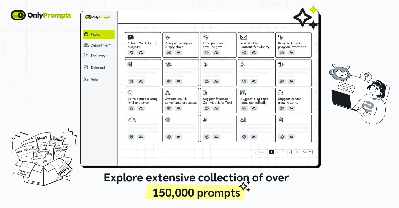 OnlyPrompts homepage screenshot — Automate 37,000+ tasks with 150,000+ prompts