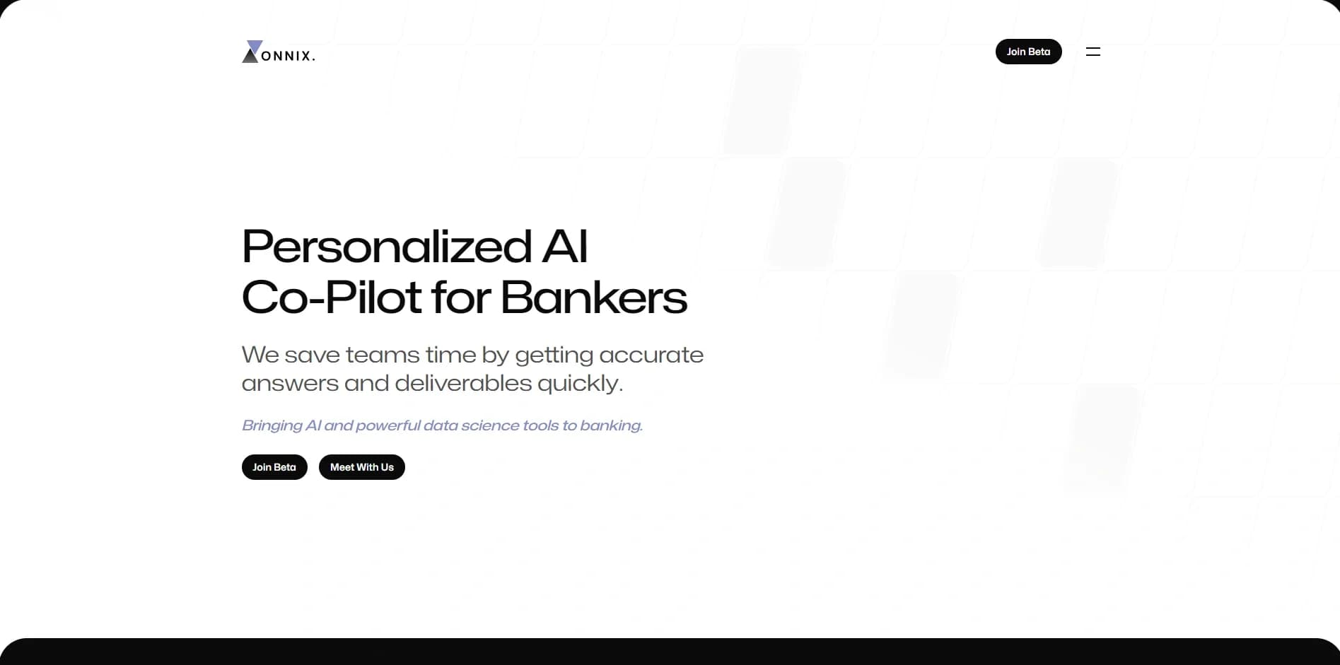Onnix homepage screenshot — Personalized AI co-pilot for bankers